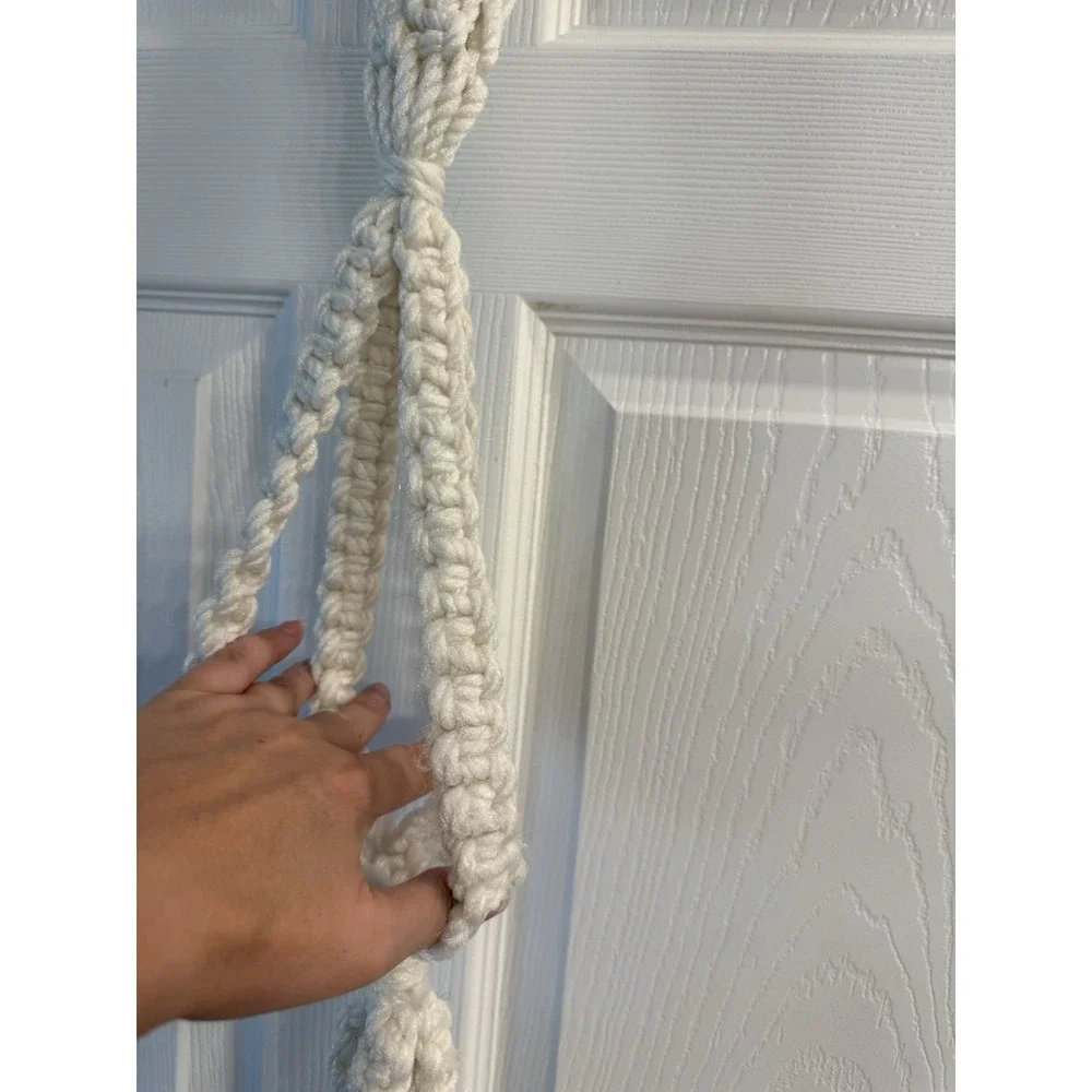 Pair Of VTG Wood Beaded (1) Macrame Plant Hanger White Set 2 Large 3 Plants/each